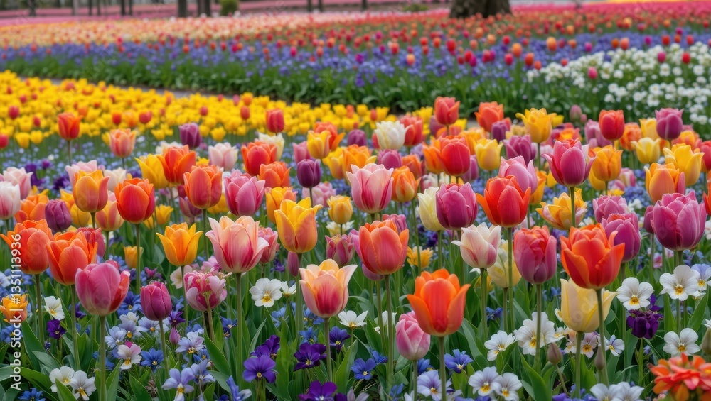 Vibrant Field of Blooming Tulips in Varying Colors Under Bright Spring Sky