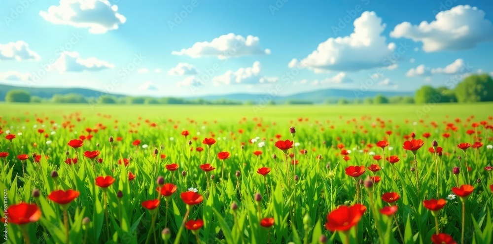 Dotted with bright red wildflowers, a sea of green grass stretches to the horizon, landscape, countryside, wildflower field Dotted with bright red wildflowers, a sea of green grass stretches to the horizon, landscape, countryside, wildflower field