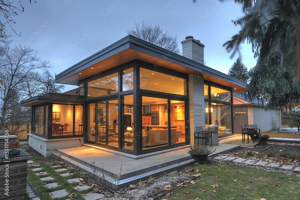 Fototapeta premium Modern glass-walled house showcasing open living space with cozy interior and landscaped surroundings