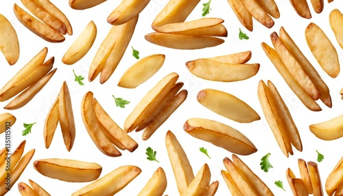 Crispy Potato Wedges Falling on White Background