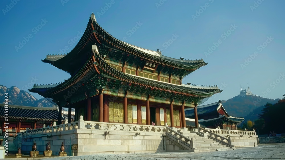 Traditional Asian architecture of a historic palace with mountains in the background, serene setting Traditional Asian architecture of a historic palace with mountains in the background, serene setting
