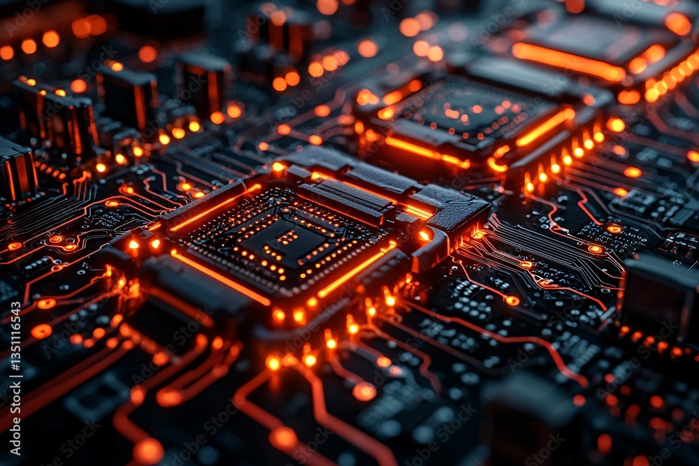 Futuristic Circuit Board with Glowing Orange Lights and Details Futuristic Circuit Board with Glowing Orange Lights and Details