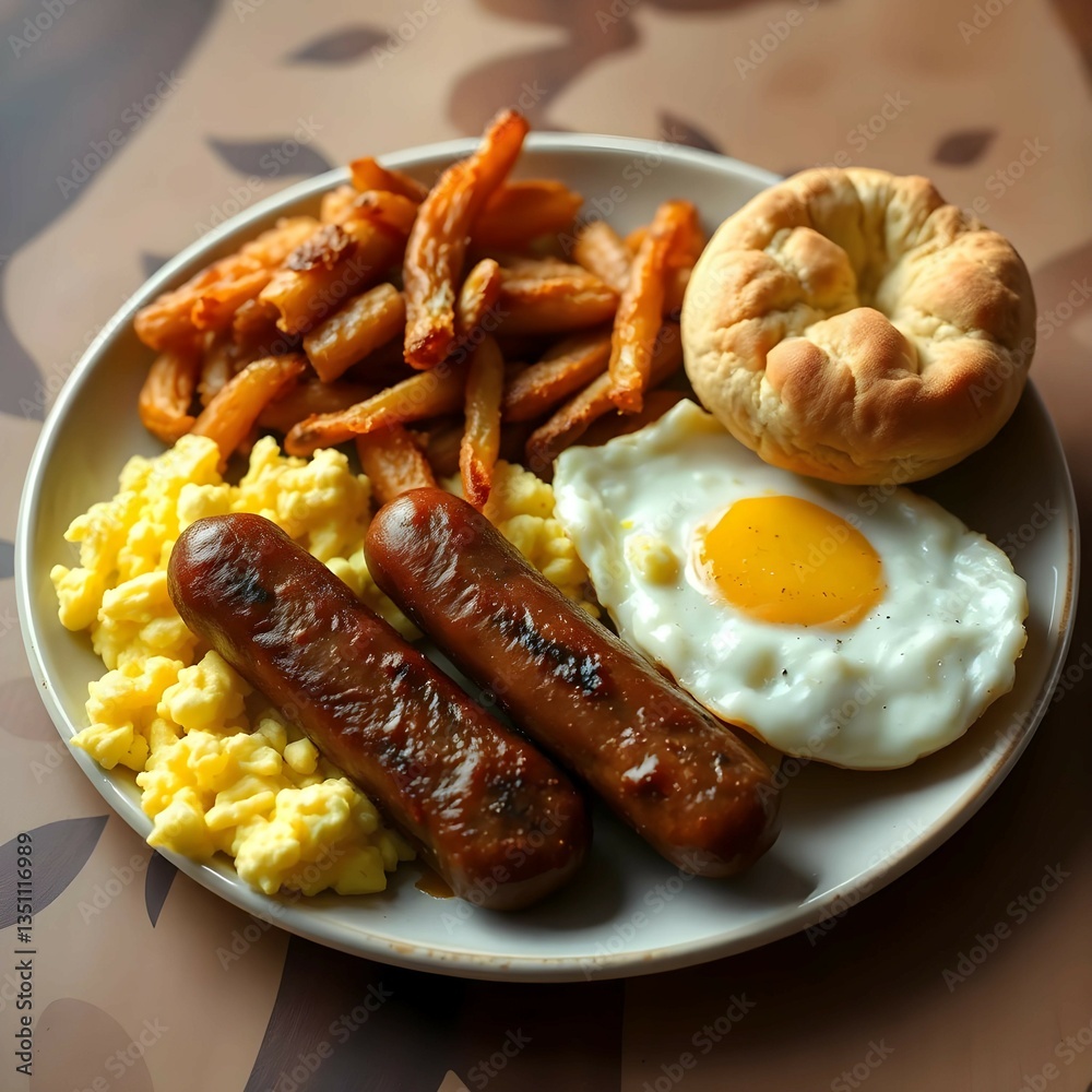 Hearty Country Breakfast Plate with Sausage, Eggs, and Biscuits