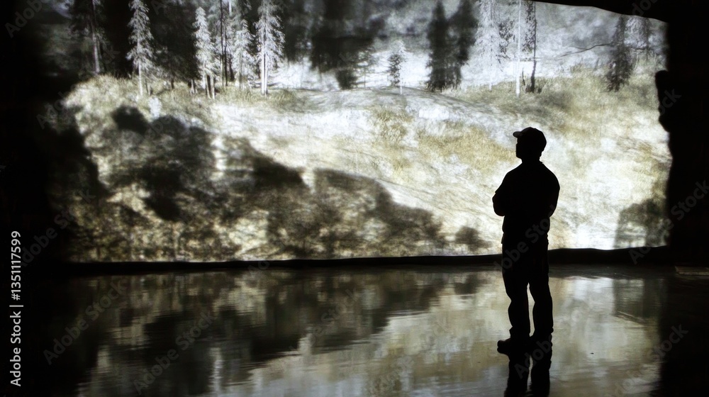 Fototapeta premium Man Contemplating Projected Landscape in Cave