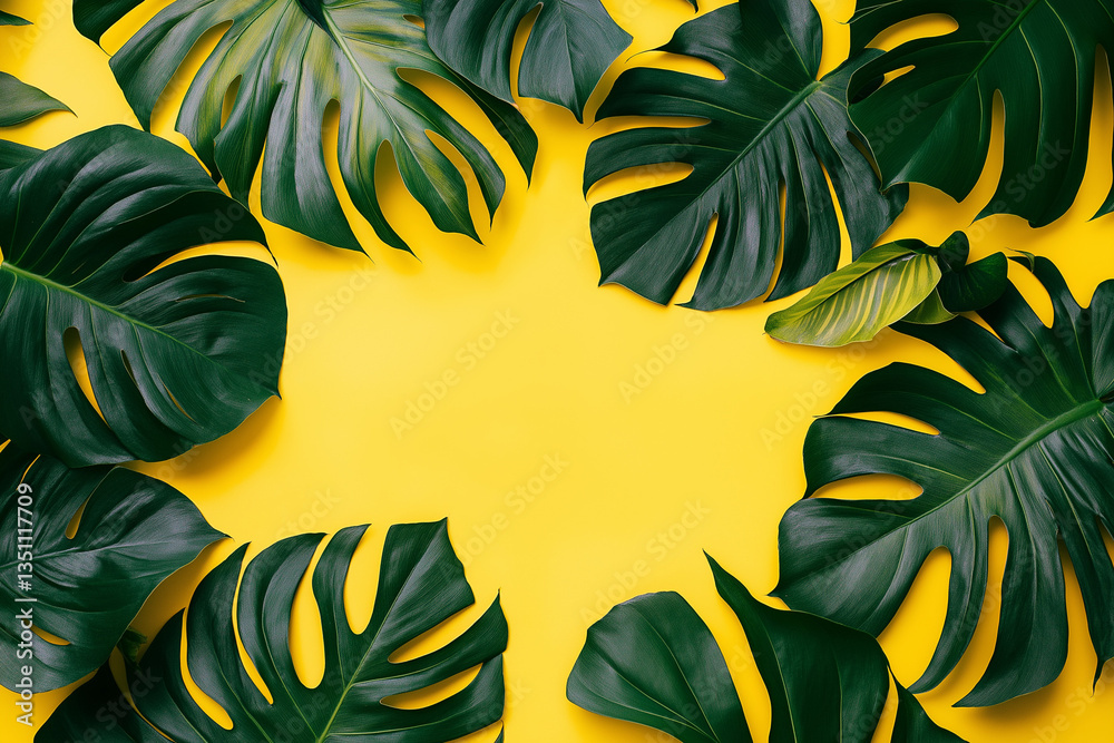 Fantasy tropical leaves, including monstera, on a yellow background Fantasy tropical leaves, including monstera, on a yellow background