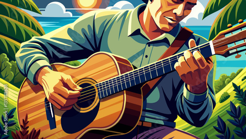 Woman playing acoustic guitar with finger catching chord on bar outdoors