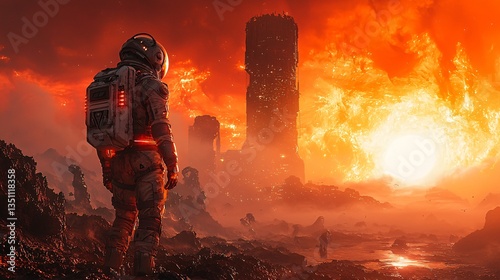 Astronaut Standing on Alien Landscape with Fiery Sky and Ruins