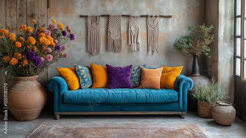 Boho-Chic Apartment with Macramé, Jewel-Toned Pillows & Dried Flowers