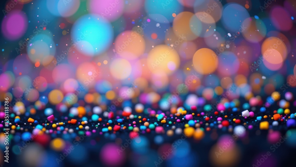 Naklejka premium Colorful Bokeh Background with Vibrant Lights and Glittering Confetti Particles for Celebrations