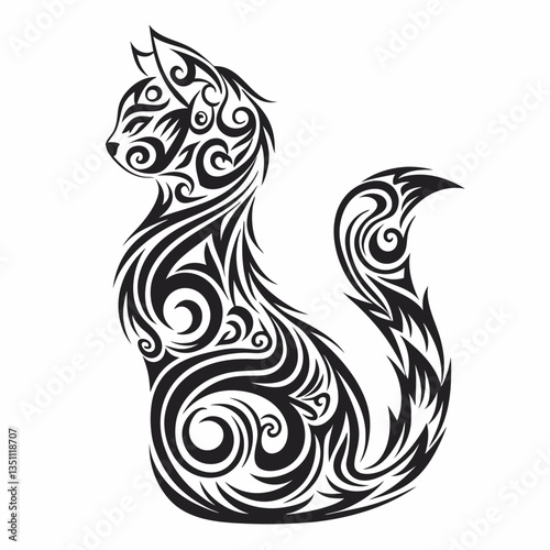 Elegant Cat Tattoo Design: Intricate swirling patterns forming an artistic, stylized cat silhouette, embodying grace and cultural artistry.
