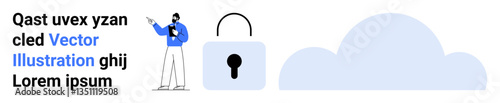 Person gestures towards cloud storage and padlock, symbolizing data security, encryption, and privacy. Ideal for cybersecurity, cloud computing, data protection, IT services, presentations privacy