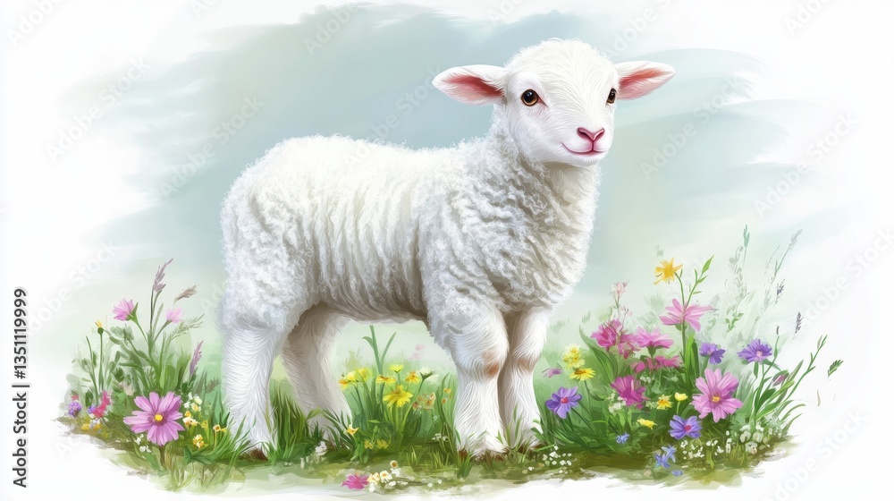 Adorable Lamb in Spring Meadow: A Delightful Painting of Innocence and Purity Adorable Lamb in Spring Meadow: A Delightful Painting of Innocence and Purity