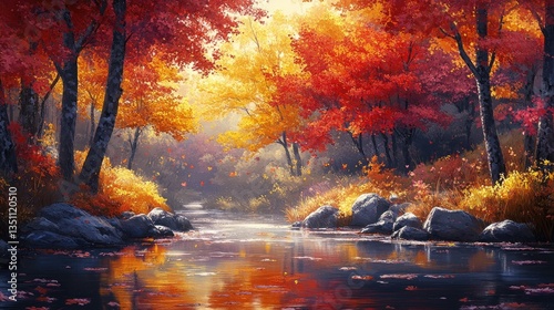 Autumn forest stream, colorful foliage, tranquil scene, picturesque landscape, suitable for wallpaper or screen saver