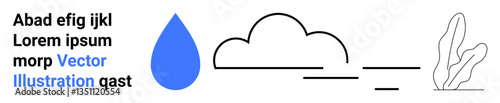 Blue raindrop, minimal black cloud, and simple leaf outline expressing rain, weather, and nature. Ideal for sustainability, eco campaigns, climate awareness, agriculture water management weather