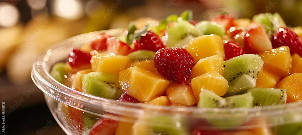 A close-up of a fresh, colorful fruit salad served in a chilled bowl A close-up of a fresh, colorful fruit salad served in a chilled bowl