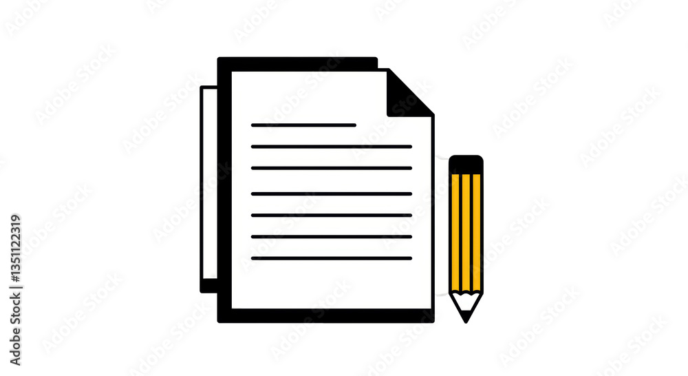 Isolated Document Stack with Pencil Signifying Writing and Editing