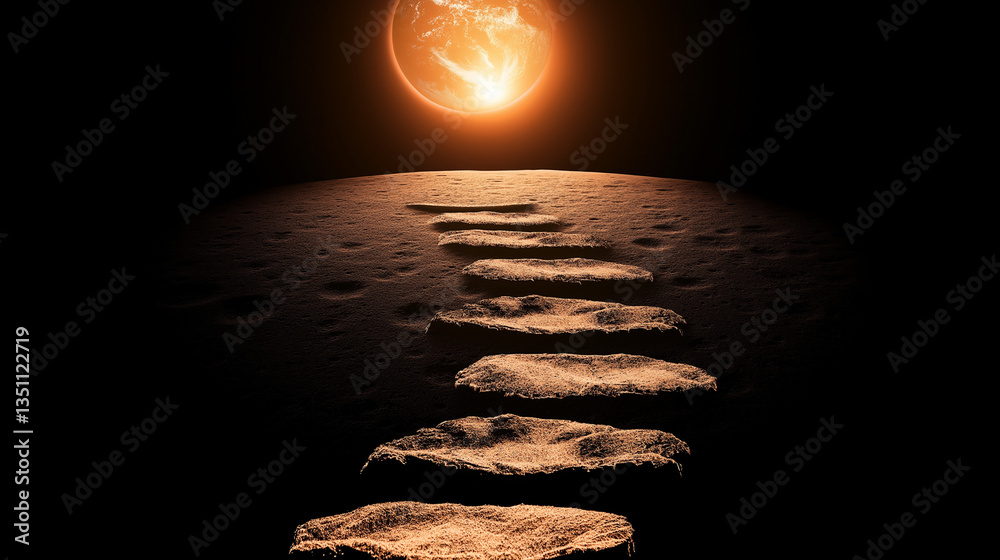 Obraz premium Path to Enlightenment: A surreal scene unfolds, a stone stairway leading towards a luminous sun, symbolizing a journey of discovery and spiritual elevation, set against a dark, enigmatic backdrop.