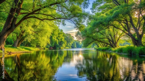 Dense foliage envelops majestic trees standing tall amidst a serene riverbank landscape, greenery, tall treesgreenery, tall trees, nature, outdoors, serenity, natural beauty, scenic view, lush forest,