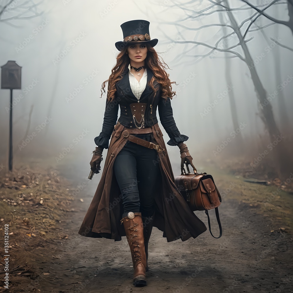 Naklejka premium Steampunk Woman Walking in Misty Forest