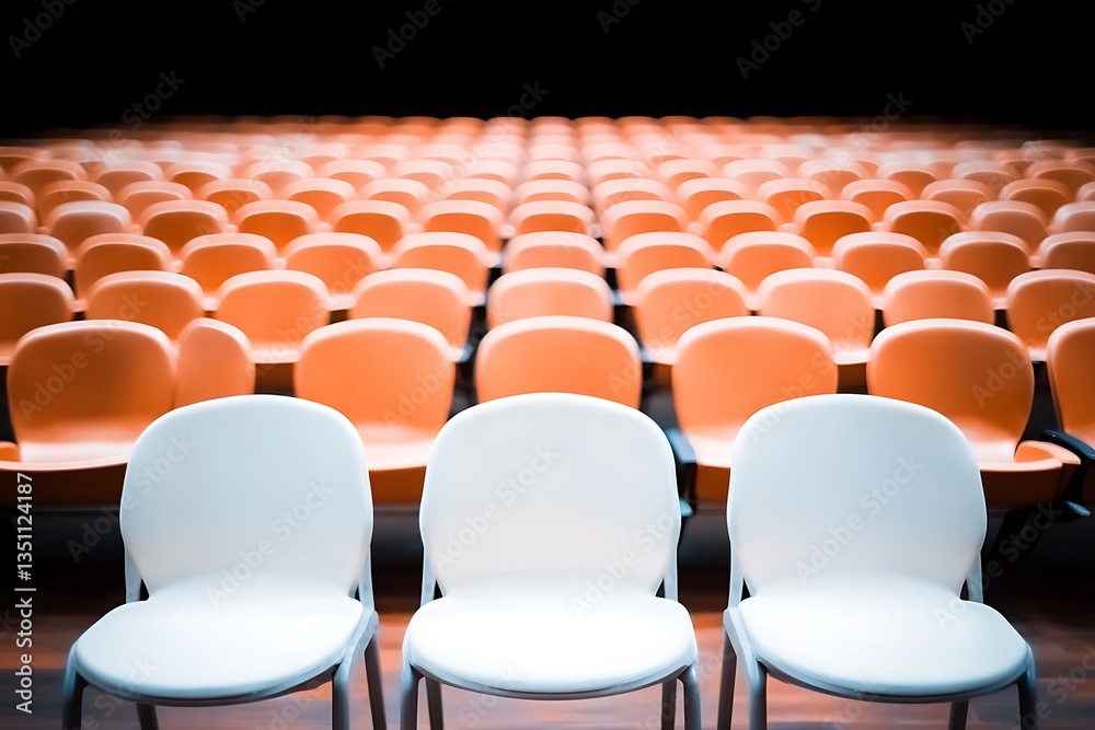 Naklejka premium Empty Auditorium: Three White Chairs.
