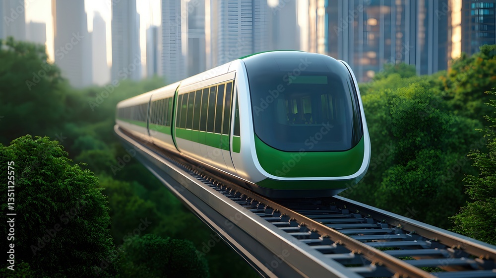Naklejka premium Modern Green Train on Elevated Tracks Through Urban Environment