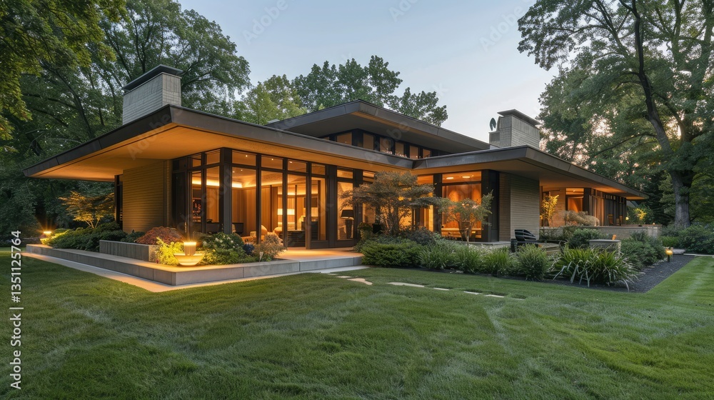 Modern architectural home at dusk surrounded by lush greenery and soft garden lighting Modern architectural home at dusk surrounded by lush greenery and soft garden lighting