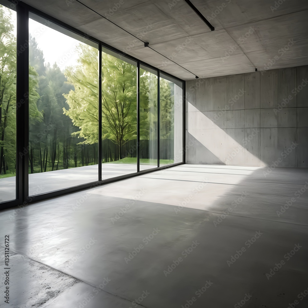 Fototapeta premium Modern Concrete House with Large Windows Overlooking Lush Green Forest