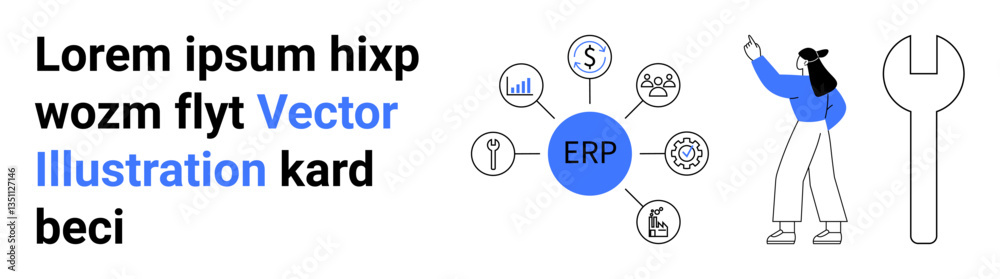 ERP system core with six connected nodes, financial and operational icons. Standing woman pointing at diagram. Ideal for analytics, planning, workflow, organization, concepts, process simple landing ERP system core with six connected nodes, financial and operational icons. Standing woman pointing at diagram. Ideal for analytics, planning, workflow, organization, concepts, process simple landing
