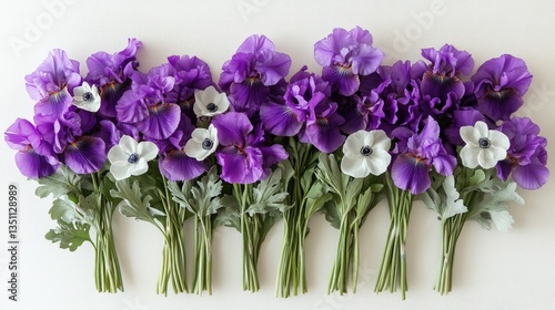 Purple and white flowers arranged on a light background photo