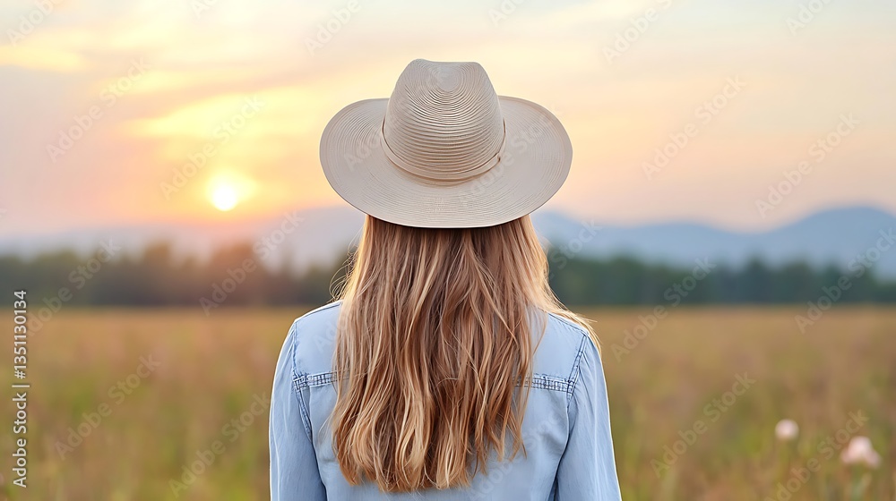 Obraz premium Serene sunset viewing woman surrounded by spring flora in tranquil outdoor landscape