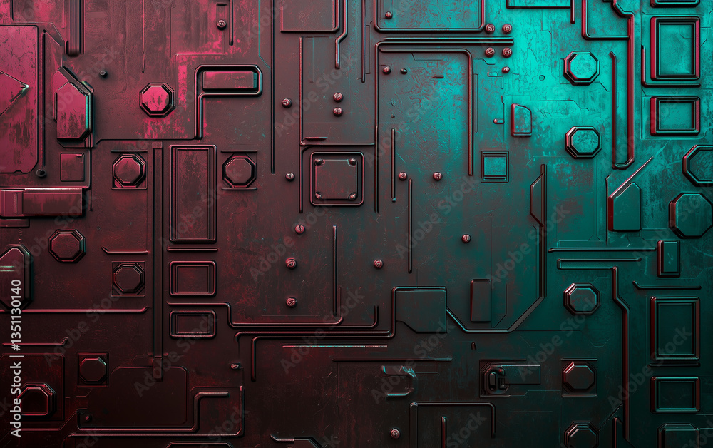 Fototapeta premium Futuristic Metal Panel Texture with Geometric Shapes and Neon Lighting, Sci-Fi Background