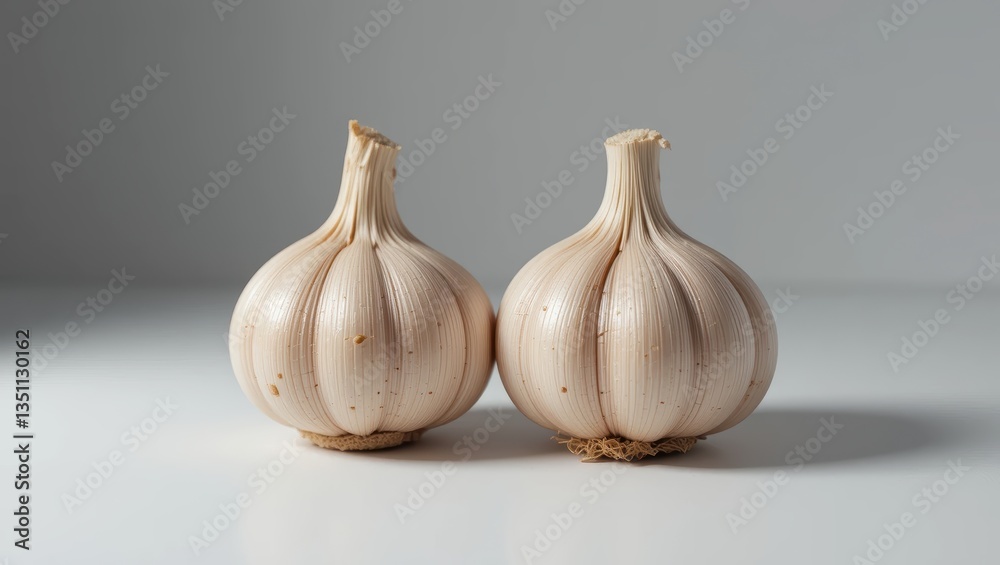 Obraz premium Two Fresh Garlic Bulbs Showcasing Smooth Texture and Natural Color on a Light Background