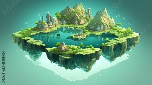 A whimsical floating island, a vibrant ecosystem of nature and architecture, serene lake reflecting a harmonious blend of old and new in a stylized low-poly art style.
