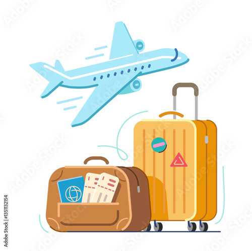 Luggage for travel or tourism. Flying passenger plane. Travel, journey, vacation concept. Flat design cartoon