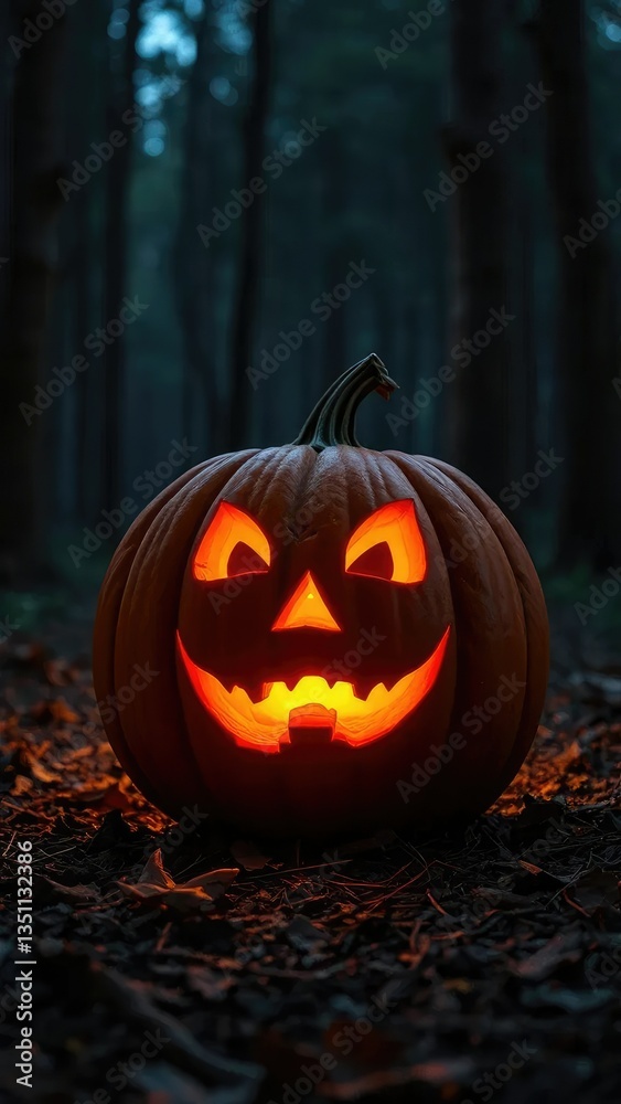 Carved pumpkin with eerie glow on forest floor, carving, spooky Carved pumpkin with eerie glow on forest floor, carving, spooky
