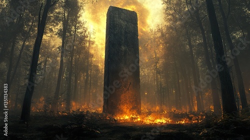 A tall stone monolith engulfed in forest fire amidst trees