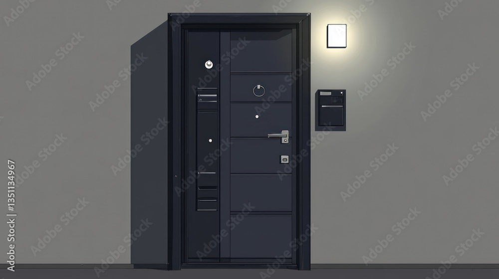 Modern dark entry door on gray wall at night Modern dark entry door on gray wall at night