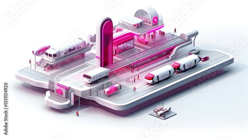 A futuristic transit hub bustling with activity, showcasing sleek, white trains and vibrant pink accents against a clean, minimalist background.