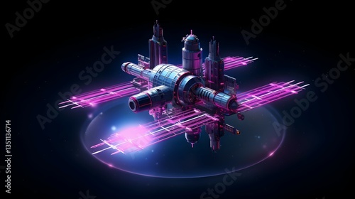 A futuristic space station, a city among the stars, pulses with vibrant neon energy, hovering above a dark, swirling nebula.