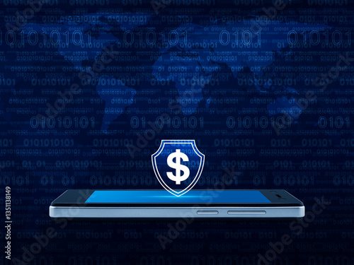 Fototapeta Naklejka Na Ścianę i Meble -  Dollar with shield icon on modern smart mobile phone screen over world map and computer binary code, Business money insurance and protection online concept, Elements of this image furnished by NASA