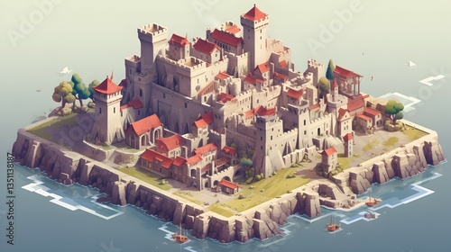 A Coastal Medieval Town, Proudly Standing Against the Sea, Rendered in a Stunning Low-Poly Style with Vibrant Colors