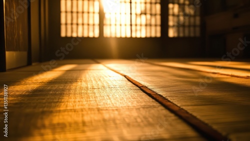 Warm Sunlight Illuminating Wooden Floor in Japanese Room