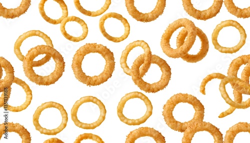 Crispy Fried Onion Rings Falling on White Background