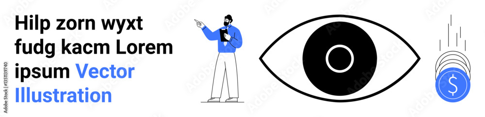 Person holding clipboard pointing at text, large eye icon symbolizing observation, falling coins indicating financial insights. Ideal for analytics, vision, finances, tech, research, marketing Person holding clipboard pointing at text, large eye icon symbolizing observation, falling coins indicating financial insights. Ideal for analytics, vision, finances, tech, research, marketing