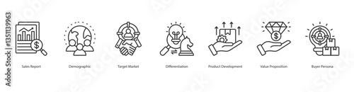 Target Market Selection icon sheet style outline vector sales report, demographic, target market, differentiation, product development, value proposition, buyer person