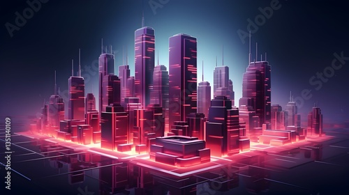 A futuristic cityscape glowing with vibrant neon pink and red lights reflecting on a sleek digital surface, a vision of tomorrow's metropolis.