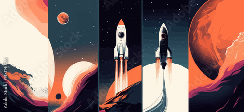 Futuristic Space Exploration Vector with Astronaut, Rocket, and Planetary Scenery