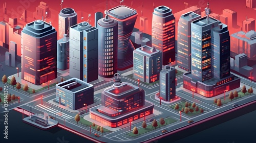 A futuristic cityscape at twilight, glowing with vibrant red and dark hues, showcasing sleek, towering buildings in an isometric perspective.