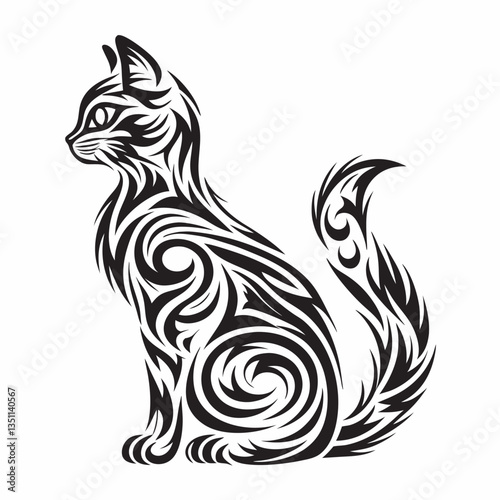 Black and white cat with tribal and vector fox design featuring an eagle, tiger, horse, and phoenix elements in a wild, nature-inspired tattoo-style illustration