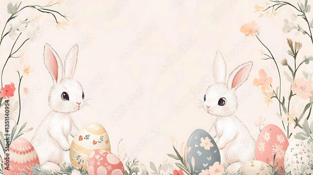 Obraz premium Easter bunnies with eggs, and floral frame.